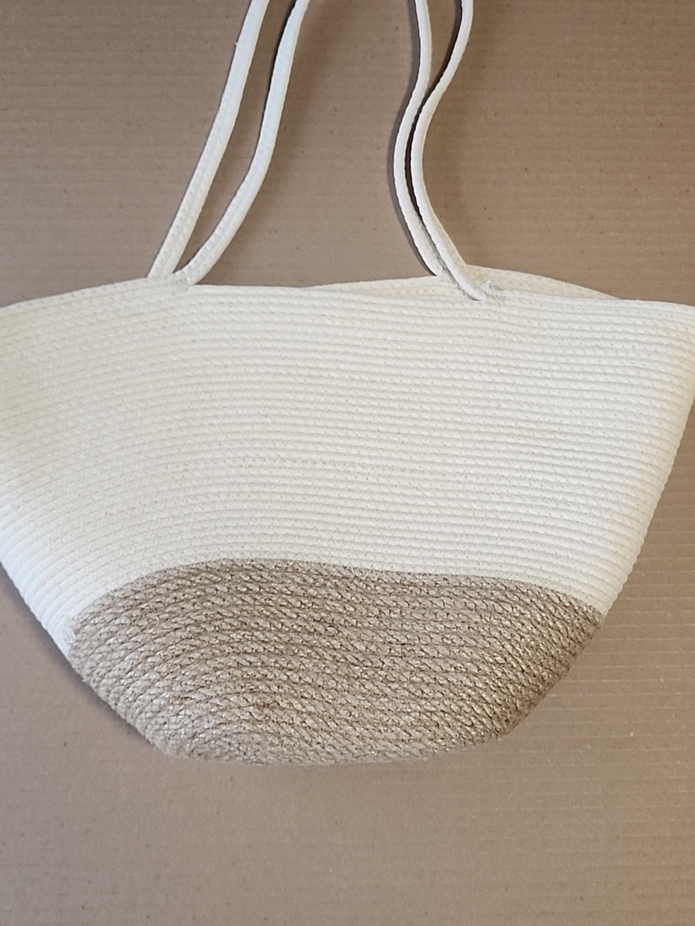 Neutral Two-Tone Braided Woven Rope Bucket Tote Bag - Cream and Tan